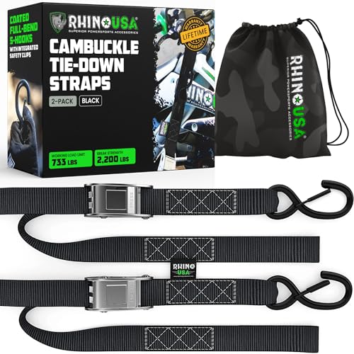Rhino USA Motorcycle Tie Down Straps (2 Pack) Lab Inspected 2,200lb Break Strength, Steel Cambuckle Tiedown Set with Integrated Soft Loops - Better Than a Ratchet Strap (Black 2-Pack) - color: Black 2-Pack