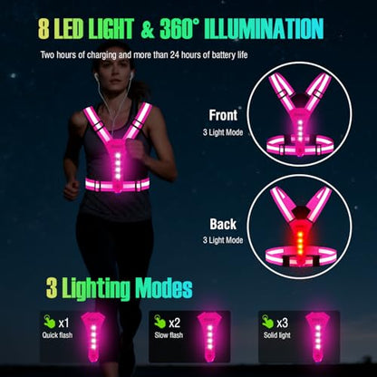 YOSKY 8 LED Running Reflective Gear Rechargeable Adjustable Running Lights Vest Safety Night Reflective Vest - color: Pink