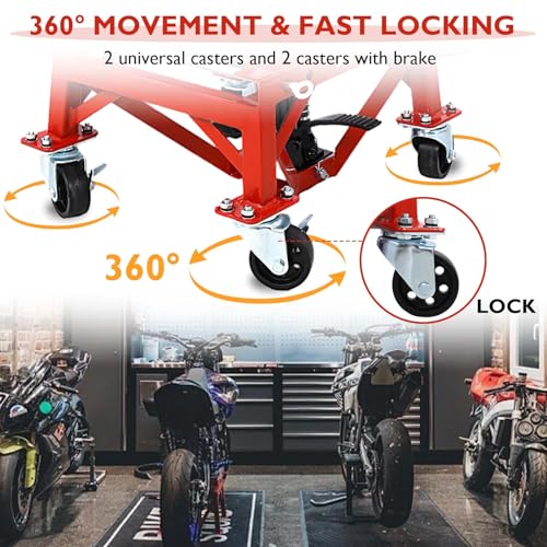 Hydraulic Motorcycle Lift Table, 350 lbs Capacity Scissor Jack Lift with Wide Deck, J-Hooks, 4 Wheels, Foot-Operated Jack Stand for ATV Dirt Bikes (Red) - color: Red