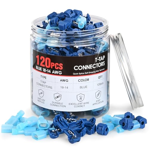 Nilight 120PCS/60 Pairs Quick Splice Disconnect Wire Terminals T-Tap Spade Connectors Blue 16-14 AWG Male Female Fully Insulated Crimp Self-Stripping Kit - size: 120Pcs 16-14AWG
