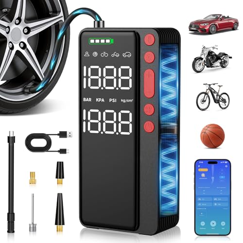 MATULSA Tire Inflator Portable Air Compressor, Smart APP Control Air Pump for Car Tires, 10000mAh, 4X Faster 150PSI Bike Pump with All-in-One Storage, LED Light & Auto Shut-Off for Motorcycles, Balls - color: Black (10000mah)