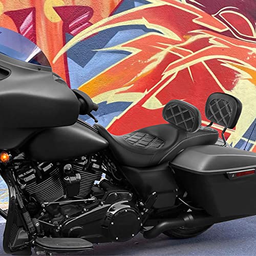 C.C. RIDER Classic Seat Backrest Pad - Driver Sissy Bar fit for Harley Davidson Touring Road King Street Glide Electra Glide Road Glide 2009-2023 - color: Seat + Driver Pad + Passenger Pad Black White