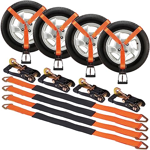 VEVOR Ratchet Tie Down Straps Kit, 2" x 120" Tire Straps, 5512 LBS Working Load, 11023 LBS Breaking Strength, Car Tie Down Straps with Snap Hooks for Passenger Car, Truck, Trailer, 4-Pack - style: Axle-Type with Spring Hook-Orange