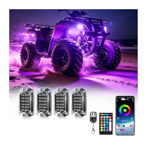 4Pods Full Angle RGB LED Rock Lights Kit with APP/RF Remote Control, Underglow Lights with Brake Multicolor Neon Underbody Lights Waterproof 12V for Trucks Pickup Jeep Golf Cart SXS ATV - size: 4 Pods