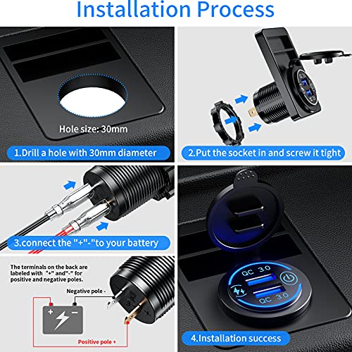 KEWIG Quick Charge 3.0 Dual USB Charger Socket Waterproof 36W 12V 24V USB Outlet Fast Charge with Touch Switch & Blue LED DIY Kit for Car Boat Marine ATV Bus Truck Golf Cart and More