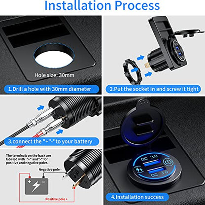 KEWIG Quick Charge 3.0 Dual USB Charger Socket Waterproof 36W 12V 24V USB Outlet Fast Charge with Touch Switch & Blue LED DIY Kit for Car Boat Marine ATV Bus Truck Golf Cart and More