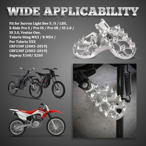 XINGWU Dirt Bike Foot Pegs for Surron Light Bee X/S E-Ride Pro SS/SR/S Talaria MX3 MX4 Segway X160/X260 CRF150F 230F 250F Electric Dirt Bike Foot Peg Rests (Silver) - color: Silver