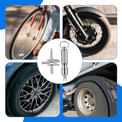 2 PCS Valve Stem Tool Keychain & 4-in-1 Tire Valve Core Removal Tool, Stainless Steel Portable Valves Core Disassembly and Repair Tools for Bicycle Car Motorcycle Repair Install Accessory