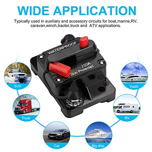 Generic 250 Amp Waterproof Circuit Breaker,with Manual Reset,12V-48V DC,30A-300A,for Car Marine Trolling Motors Boat ATV Manual Power Protect Audio System Current Overload Protection - color: WE250A