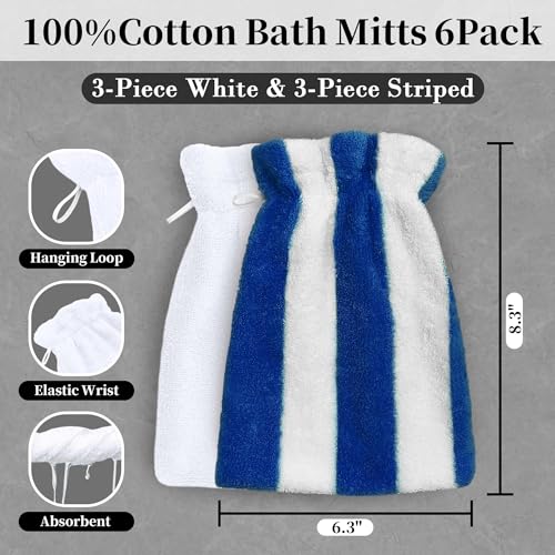 VOOVA & MOVAS 6-Pack Shower Wash Cloth, 100% Cotton Soft Absorbent Bath Mitts with Hanging Loop, 8.3x6.3 Inch European Style Bathing Gloves for Body & Spa, Blue White Striped - color: Blue-white Striped
