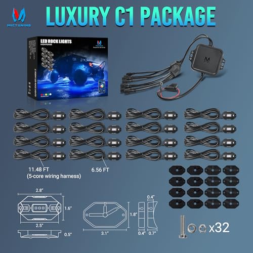 MICTUNING C1 16 Pods RGBW LED Rock Lights - Multicolor Underglow Neon Light Kit with Bluetooth Controller, APP Control - size: 16 Pod Lights Kit