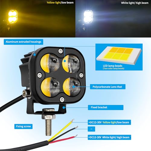 Motorcycle LED Spotlight Yellow/White Hi-Low Combo Beam LED Offroad Driving Fog Lights, 2Pcs 2.4Inch Mini Pod Lights Work Auxiliary Lights for Motorcycle Trucks, Vehicles, ATVs, UTVs, Tractors