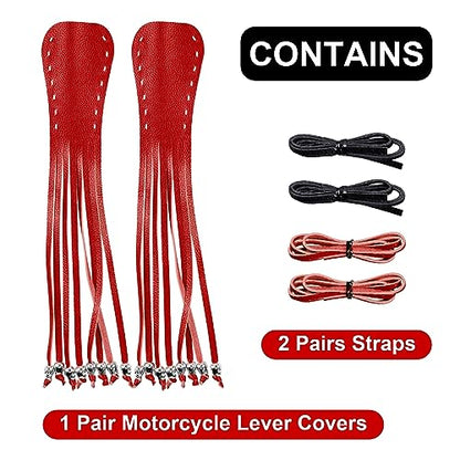 Motorcycle Lever Cover PU Leather Fringed Brake Clutch Covers Universal Grip Tassels Motorcycle Handlebar Covers with Skull Beads - color: Red