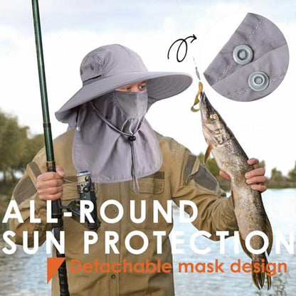 Mens Women Fishing Hat UPF 50+ Wide Brim Sun Hat with Face Cover & Neck Flap - color: Grey