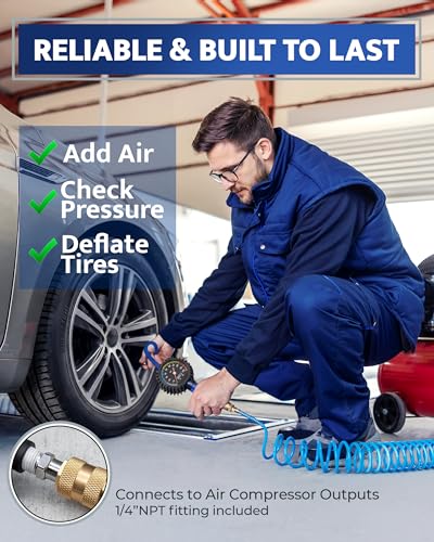Tire Inflator with Pressure Gauge and Longer Hose - Most Accurate, Heavy Duty Air Chuck with Gauge for Air Compressor Tire Inflator Attachment - 100PSI
