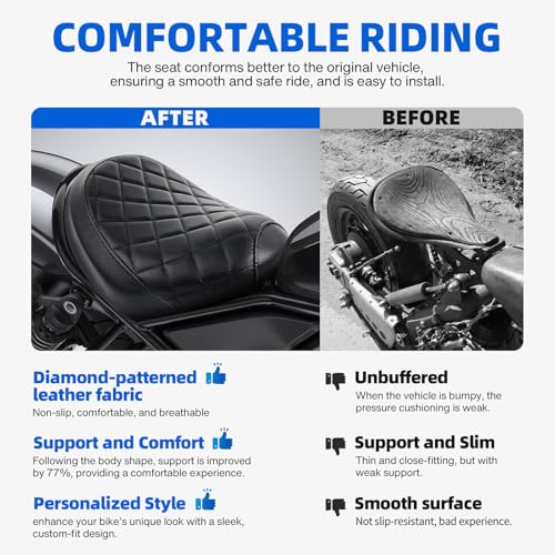 DREAMIZER Cool Gel Motorcycle Solo Seat Compatible with Honda Rebel 1100 CMX1100 CM1100 2021 2022 2023 2024 2025, Motorcycle Front Driver Seat Rider Saddle Cushion, Rhombic - style: Front-Black-Rhombic