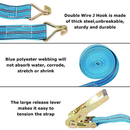 2 Pack Ratchet Tie Down Straps, 2 Inch x 33 Feet, 10,000 lbs Break Strength, Heavy Duty Cargo Lashing Straps with Double J Hooks for Trailer, Truck, and Farm Equipment, Blue - color: Blue, size: 2 pack 2 inch x 33 ft