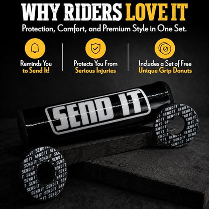 SEND IT Handlebar Pad with FREE GRIP DONUTS - Universal Fit for Dirt Bikes and ATVs Crossbar by ThrottlePak (BLACK, PIT BIKE) - color: Pit Bike