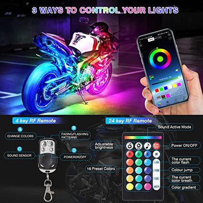 16PCS Motorcycle RGB LED Light Kits and 4pcs 47 inch 4-pin Extension Cords and 2pcs 2-Way Splitters