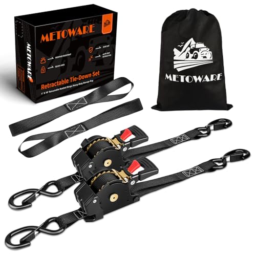 METOWARE Retractable Ratchet Straps (2-Pack) - 1 in x 10 Ft (1500lb Break Strength) - Heavy Duty Auto Self Retracting Tie Down Straps for Truck, Trailer, Cargo Van, Motorcycle - Black - color: Black, size: 2-pack