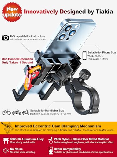 Tiakia Bike Phone Mount Holder, Aluminum Motorcycle Phone Mount, Handlebar Mounted Cell Phone Holder for Bike, 360° Rotation, Universal Bicycle Phone Mount for 4.5-7 Inch Phones - color: Black Red