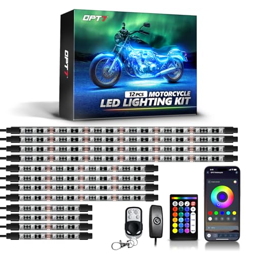 OPT7 12pcs Motorcycle LED Strip Lights with App & Remote Control, RGB Multicolor & Sound Sync Neon Accent Bike Underglow Lighting Kit, 12V Switch for Harley Honda Yamaha Kawasaki