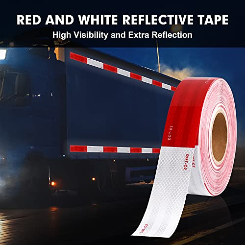 WAENLIR 1 inch x 30Feet Dot Reflective Tape Outdoor Waterproof High Visibility Safety Tape, Red and White Adhesive Conspicuity Tape for Trailer, Cars, Trucks, Cinta reflectiva para camiones - size: 1 inch X 30FT