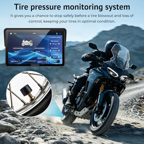 W722TPMS 7" Wireless Motorcycle CarPlay & Android Auto with TPMS,IP67 Waterproof Motorcycle GPS Touchscreen, Dual Bluetooth Audio,EQ, Light Sensor,USB/Acc Power for Riding - size: 7 Inch