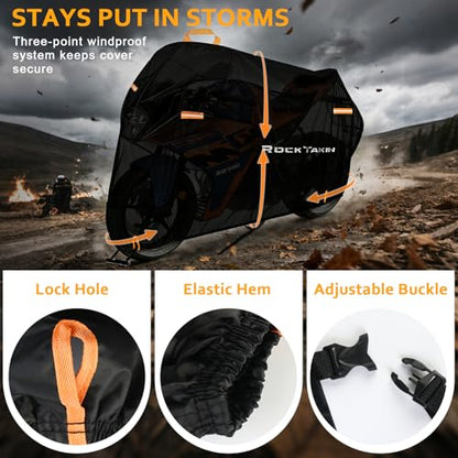 ROCKTAKIN 300D Heavy Duty Motorcycle Cover, Waterproof All Season Outdoor Protection with 4 Reflective Strips & Lock Holes, Fits Most Cruisers, Touring Bikes and Scooters up to 86" - size: 86"