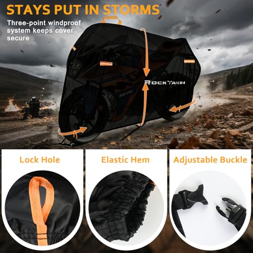 ROCKTAKIN 300D Heavy Duty Motorcycle Cover, Waterproof All Season Outdoor Protection with 4 Reflective Strips & Lock Holes, Fits Most Cruisers, Touring Bikes and Scooters up to 108" - size: 108"