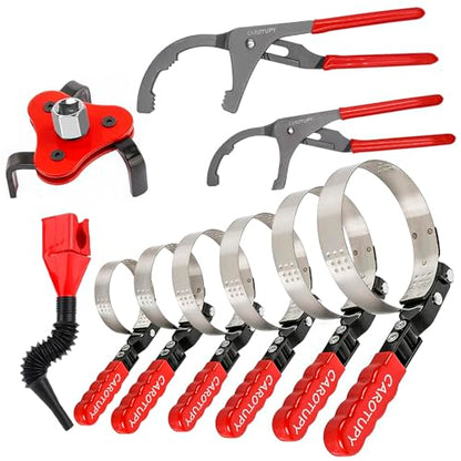 10PCS Oil Filter Wrench Set, 9" & 12" Oil Filter Pliers, 3 Jaw Oil Filter Wrench Tool with Oil Funnel for Oil Change Adjustable From 1-3/4" to 6"