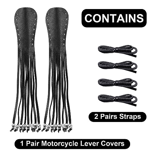 Motorcycle Lever Cover PU Leather Fringed Brake Clutch Covers Universal Grip Tassels Motorcycle Handlebar Covers with Skull Beads - color: Black with Black Strap