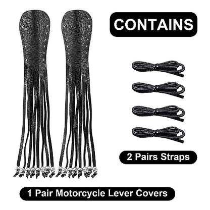 Motorcycle Lever Cover PU Leather Fringed Brake Clutch Covers Universal Grip Tassels Motorcycle Handlebar Covers with Skull Beads - color: Black with Black Strap