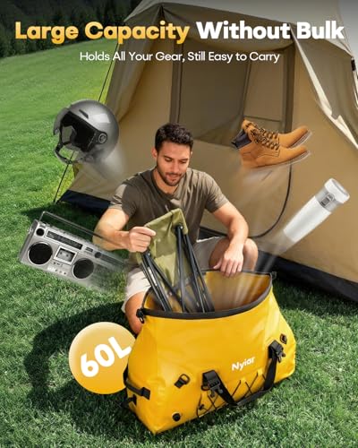 60L Waterproof Duffel Bag Motorcycle Dry Bag Backpack, Heavy-Duty Roll-Top Waterproof Bag with Sealed Seams & Waterproof Zipper for Riding, Kayaking, Camping & Travel (Yellow) - color: Yellow