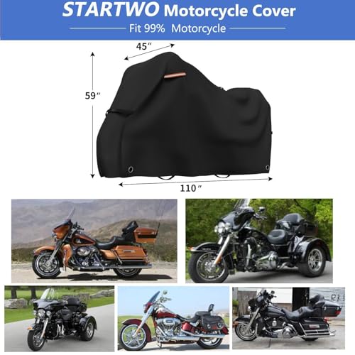 STARTWO Motorcycle Covers Waterproof Outdoor Storage for Harley Davidson Touring Models with Side+Top Box Ultra Limited,Road Glide Limited, Gold Wing,Road Master 110"x45"x59" Black - size: Side+Top Box