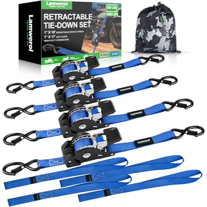 Retractable Ratchet Straps (4-Pack) - 1 Inch x 10 Feet (1,650lb Break Strength) - Heavy Duty Auto Self Retracting Tie Down Straps for Motorcycle, ATV, UTV, Truck, Cargo Trailer - Blue - color: Blue