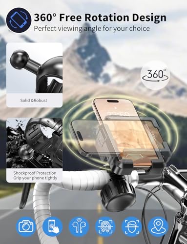 Bike Phone Holder, Motorcycle Phone Mount [No Block Camera] [Anti-Shake Design] [Silicone Wrapped] Handlebar Cell Phone Mount for Bike/Scooter/ATV, Fits iPhone 17/16/15/14/13 Pro Max & 4.7"-7" Phones