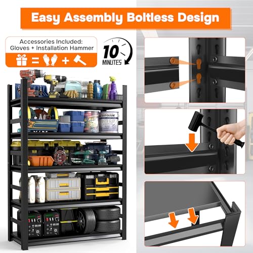 72"H x 36"W x 16"D 5-Tier Metal Garage Shelves, 3000 lbs, Black | Garage Shelving Unit 5-Shelf with Fences, Adjustable Heavy Duty Storage Rack Organizer for Basement Pantry Warehouse - size: 5 Tier Sides | 71" H x 35" W X 16" D