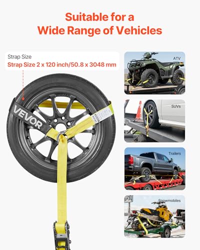 VEVOR Wheel Chock Tie-Down Kit, Tire-Style Tow Dolly Strap, Car Tie Down Kit with Heavy-Duty Hook, Break Strength 10009 lbs & Working Load 3333 lbs Motorcycle System for ATV, SUV, Snowmobiles - style: Tire-Style with Heavy Duty Hook-Yellow