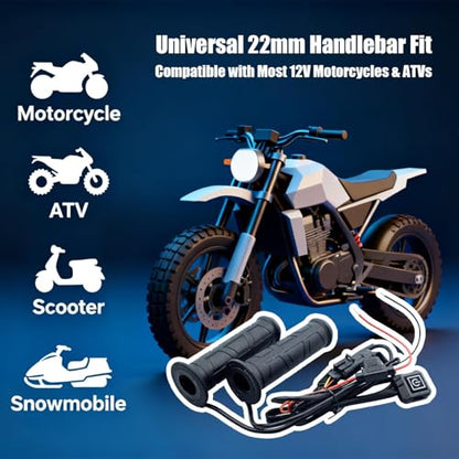 7/8''ATV UTV Heated Motorcycle Grips, 12V 3 Temperature Electric Heated Hand Grips Fit for Harley Honda Kawasaki Yamaha 22mm Diameter Handlebar, Waterproof Anti-Slip