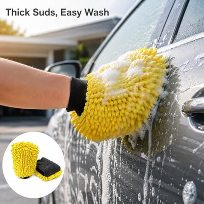 Car Wash Mitt, Double-Sided Chenille Microfiber, Yellow and Black, Waterproof