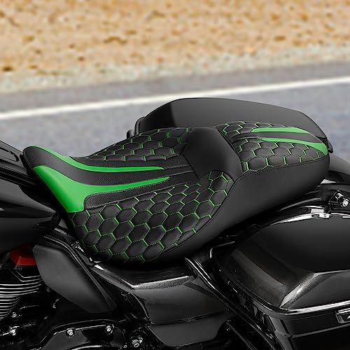 C.C. RIDER Octogon Highway 2-up Motorcycle Seat Driver Passenger Touring Seat for Harley Davison Electra Glide Classic Street Glide Road Glide 2009-2023 - color: Seat-Green Stitching