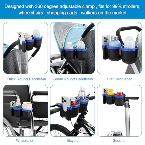 Accmor Stroller Cup Holder with Phone Holder, Bike Cup Holder, Universal Cup Holder for Uppababy Nuna Doona Strollers, 2-in-1 Cup Holder for Walker, Wheelchair, Scooter - color: Double Holder-Blue