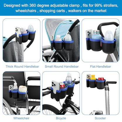 Accmor Stroller Cup Holder with Phone Holder, Bike Cup Holder, Universal Cup Holder for Uppababy Nuna Doona Strollers, 2-in-1 Cup Holder for Walker, Wheelchair, Scooter - color: Double Holder-Blue