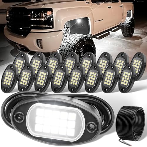 YONEDA 16 Pods White Rock Lights 6000K Pure White LED Underglow Lights IP68 Waterproof for Trucks SUV UTV ATV RZR Car Boats Motorcycle with 39.37ft Extension Wire - color: White 15LED, size: 16 Pods