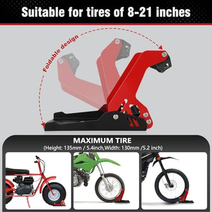 Heavy-Duty Steel Motorcycle Wheel Chock for Trailer Mount | Anti-Rust Black/Red Design | Universal Front Wheel Chock Stand for Dirt Bikes & Motorcycles | Compact & Portable (5.3”H x 10.8”L x 6.1”W)