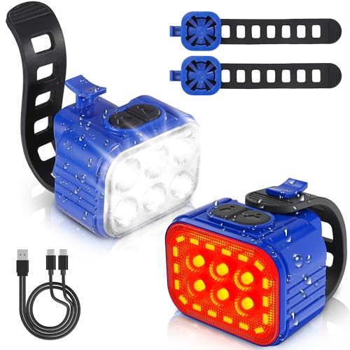 WORKPRO Bike Lights Set [8+13 Modes], Rechargeable Bicycle Light Set Ultra Bright, IP65 Waterproof Bike Lights for Night Riding, 1200mAh Bike Headlight and Tail Light Reflectors - color: Blue