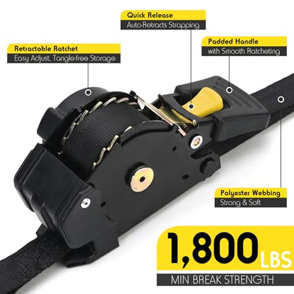 Retractable Ratchet Straps | 2 Heavy Duty Ratchet Straps Self Retractable Tie Down Straps with Soft Loops & Storage Bag for Motorcycle, Truck, Trailer | 1100 Lb Break Strength 1” x 7’ - size: 2 Pack