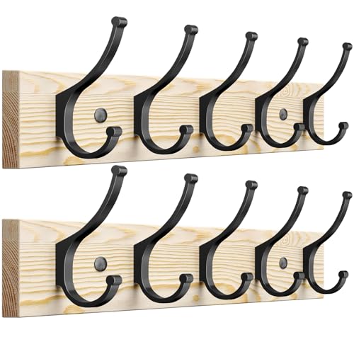 Optish 2 Pack Wooden Coat Rack Wall Mount, 16.1" Rustic Coat Hanger Hooks with 10 Double Hooks, Wall Coat Rack for Hat, Clothes, Bags, Jacket, Natural Wood - color: Natural Wood