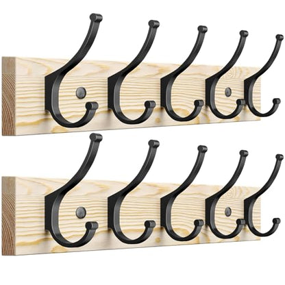 Optish 2 Pack Wooden Coat Rack Wall Mount, 16.1" Rustic Coat Hanger Hooks with 10 Double Hooks, Wall Coat Rack for Hat, Clothes, Bags, Jacket, Natural Wood - color: Natural Wood